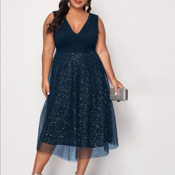 Boho v neck glitter mesh midi dress navy blue - Picture 9 of 9